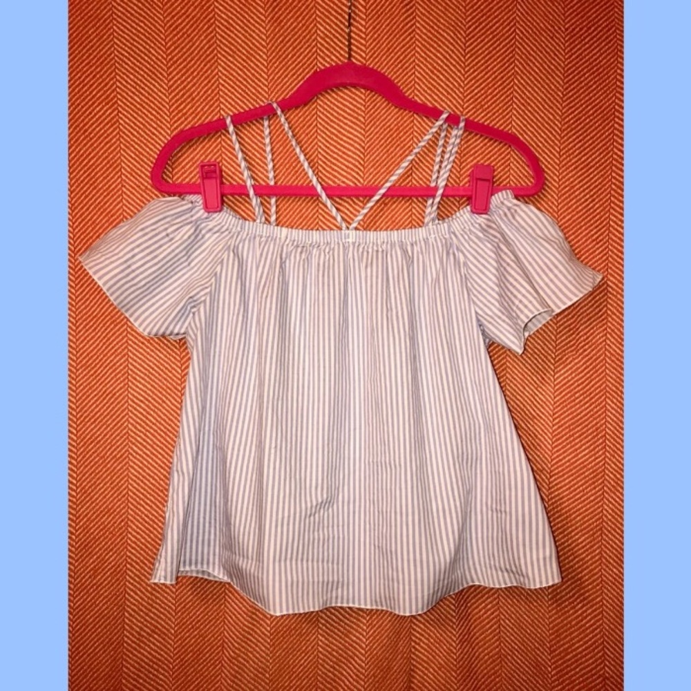 Blue and white strapy off-the-shoulder top